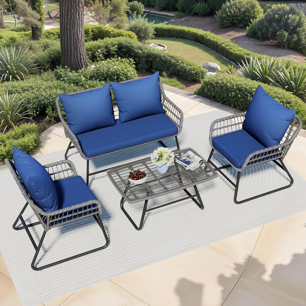 4 Piece Patio Furniture Set, Wicker Outdoor Bistro Set, All Weather Rattan Patio Conversation Set with Soft Cushions and Glass Side Table for Backyard, Balcony, Deck - Navy Blue