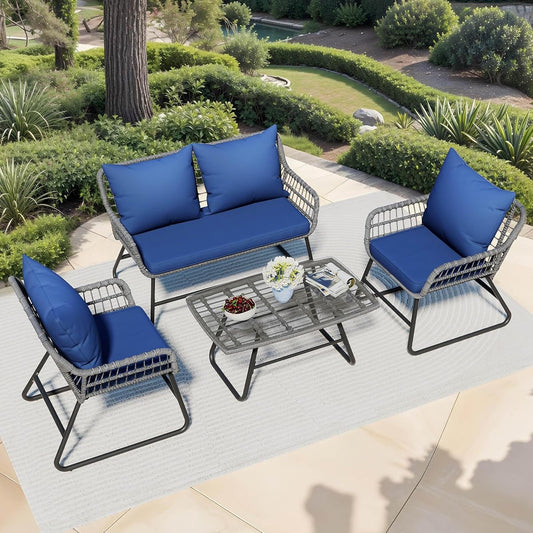 4 Piece Patio Furniture Set, Wicker Outdoor Bistro Set, All Weather Rattan Patio Conversation Set with Soft Cushions and Glass Side Table for Backyard, Balcony, Deck - Navy Blue