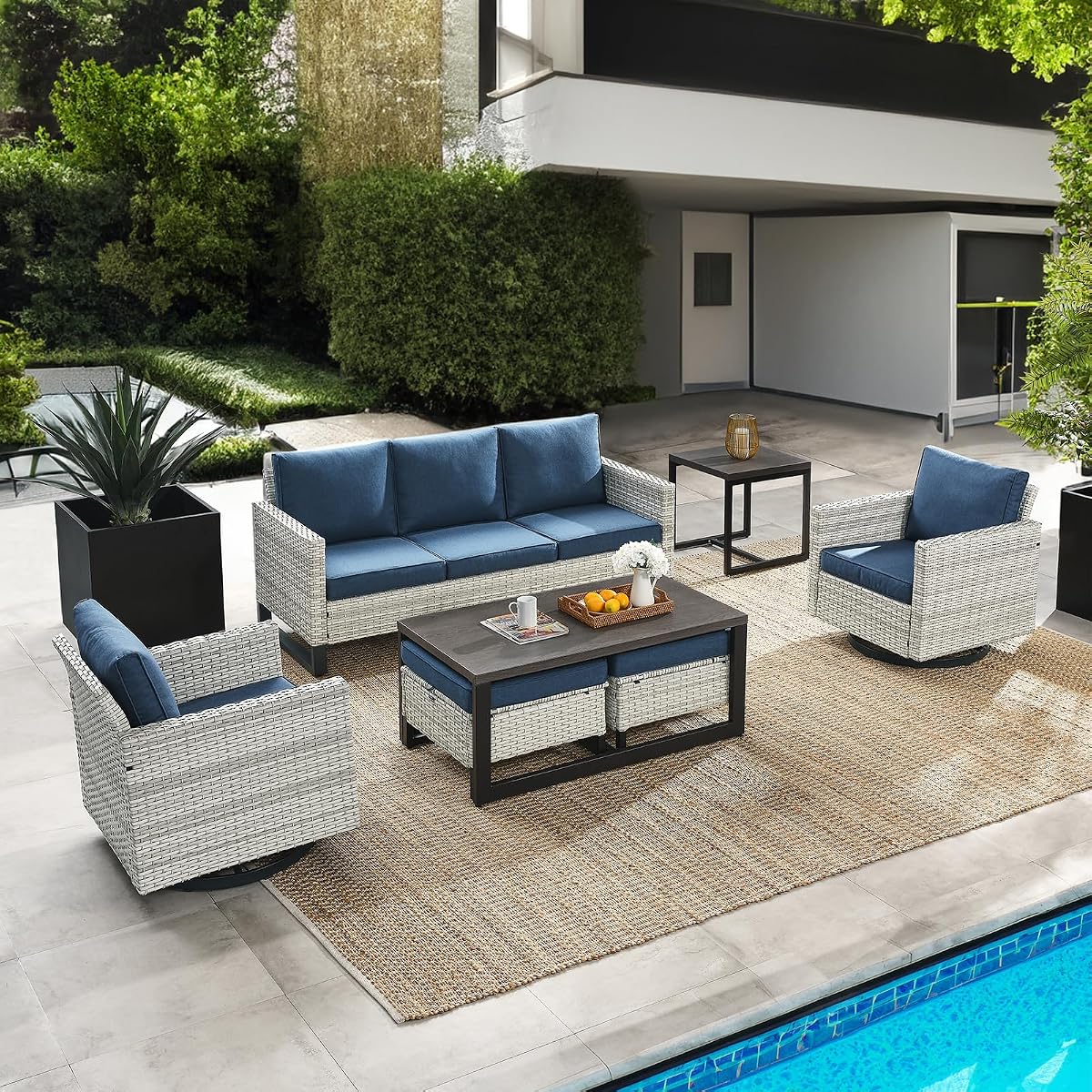7 Piece Patio Furniture Set Outdoor Sectional Sofa,High Back Patio Swivel Glider Chairs with Ottomans Coffee Table for Porch,Garden,Backyard…