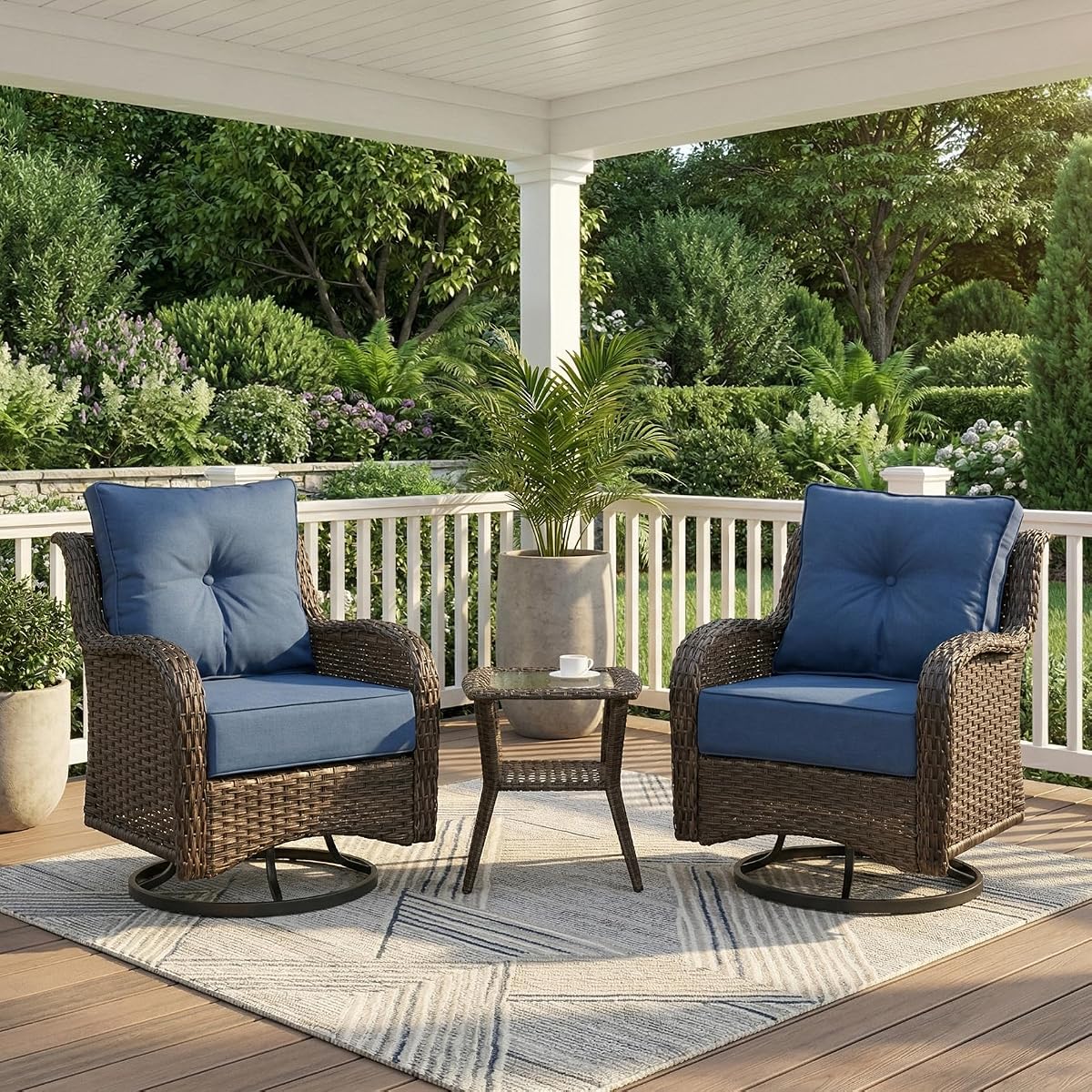 Patio Furniture Set, 3PCS Outdoor Wicker Conversation Set Porch Furniture with 6" Thick Cushions, High Back Swivel Chairs, Weather Resistant Olefin Fabric for Garden, Poolside, Navy Blue