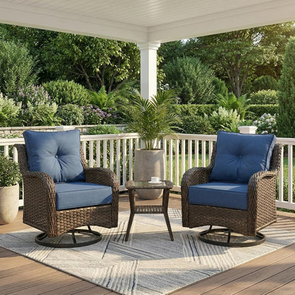 Patio Furniture Set, 3PCS Outdoor Wicker Conversation Set Porch Furniture with 6" Thick Cushions, High Back Swivel Chairs, Weather Resistant Olefin Fabric for Garden, Poolside, Navy Blue