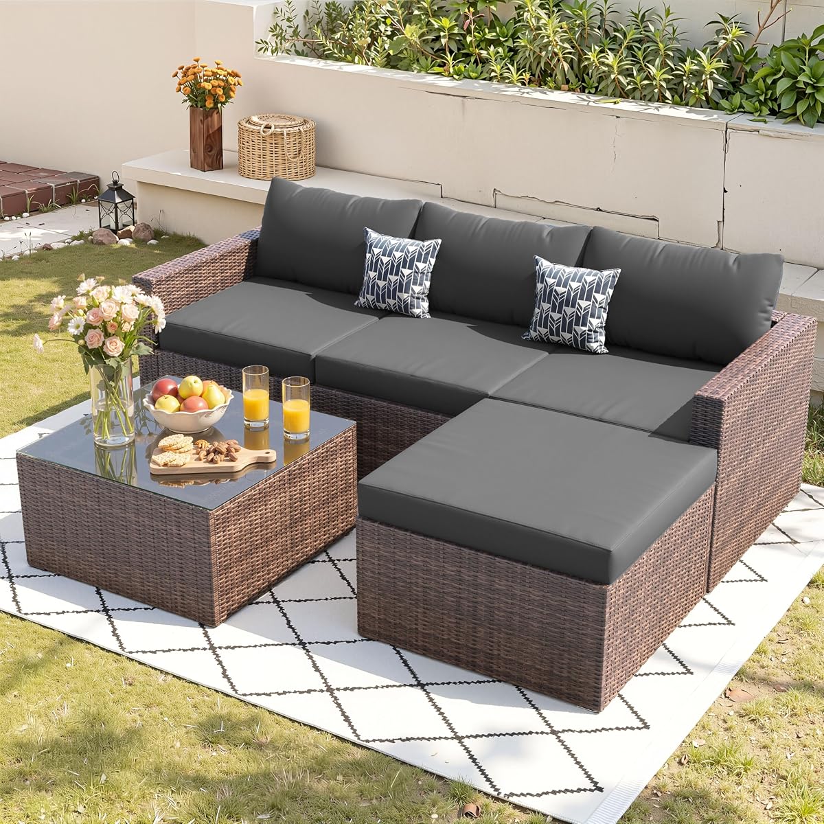 5 Piece L Shaped Outdoor Couch, Small Space Patio Furniture Set,Grey | Outdoor Sectional Sofa, All-Weather Wicker, Includes Ottoman & Glass Table, for Deck Balcony Porch Backyard