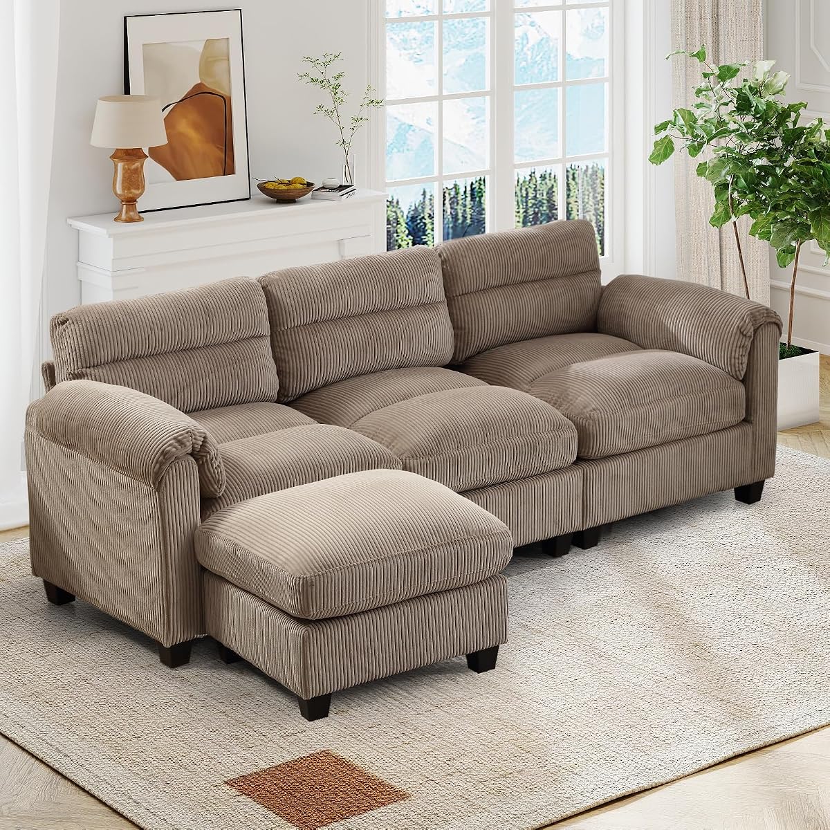 90" Wide Modular L Shaped Sofa Couch with Movable Ottoman, Convertible Corduroy Sectional Couches with Reversible Chaises and Rolled Arm for Living Room,Brown