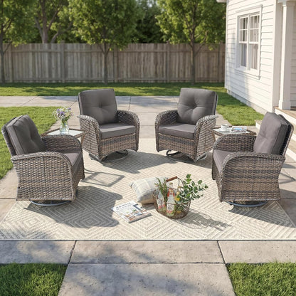 Outdoor Swivel Glider Rocker Chairs Set of 4 - Wicker Patio Furniture Set All Weather Patio Conversatio Sets with 2 Tempered Glass Side Table for Deck Backyard - Brown Wicker Grey Cushion