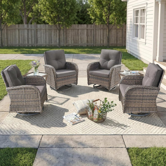 Outdoor Swivel Glider Rocker Chairs Set of 4 - Wicker Patio Furniture Set All Weather Patio Conversatio Sets with 2 Tempered Glass Side Table for Deck Backyard - Brown Wicker Grey Cushion