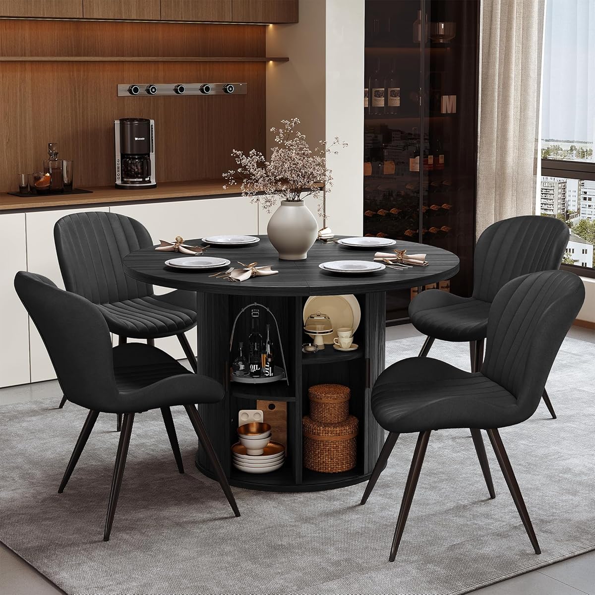 Miereirl Modern 5-Piece Dining Set for 4，47.24" Round Wooden Table with Semi-Open Storage Rack & Siding Door, Paired wth High-End Fabric Chairs -Warm Home Dining Room Combination