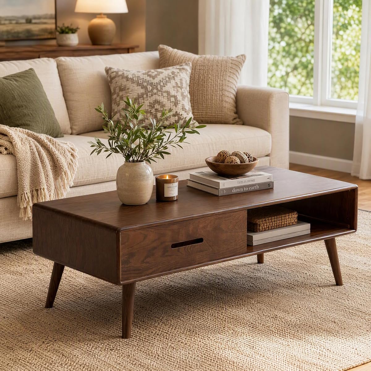 Fully-Assembled 100% Oak Wood Coffee Table with Storage for Living Room