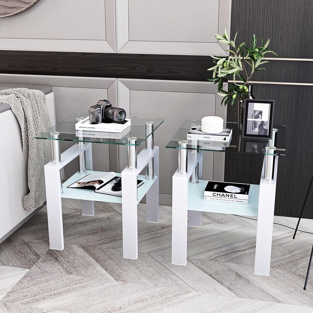 White two-tier glass top square side table with metal legs