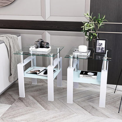 White two-tier glass top square side table with metal legs