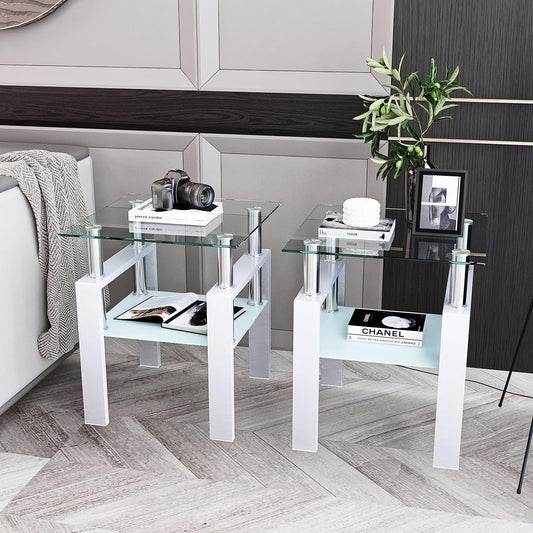 Glass Side Table 2-Tier Modern Glass Top Corner Table Living Room Square White Side Table with Metal Leg for Living Room, Dining Room, Bedroom (2, White)