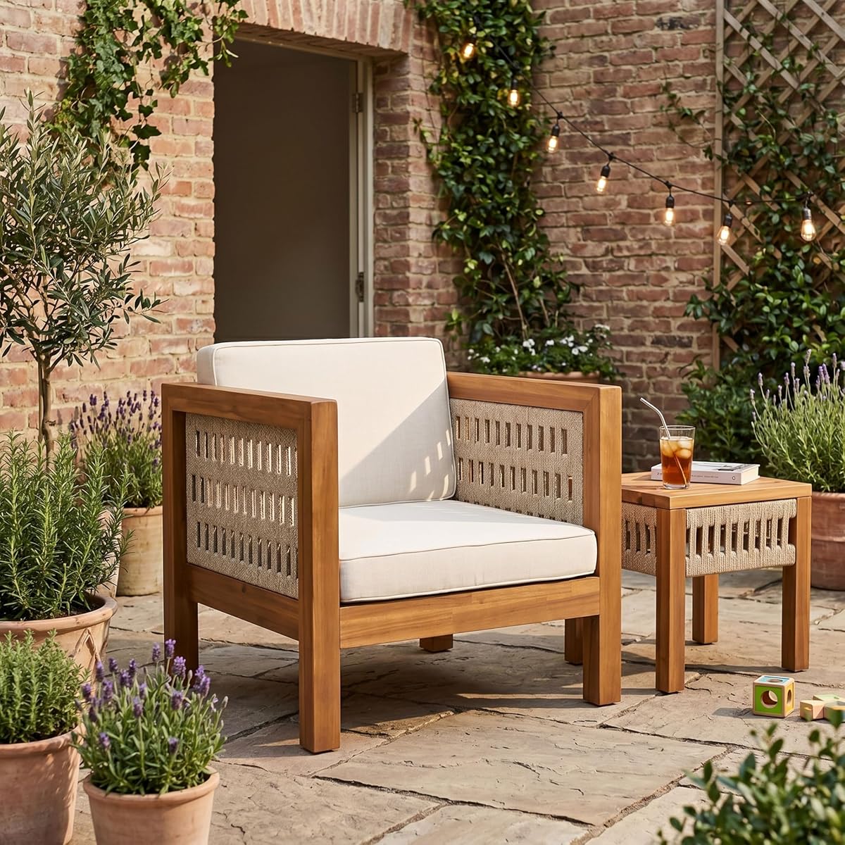 Emme Acacia Wood Lounge Chair Outdoor with Removable Cushion, Wooden Patio Accent Chair with Woven Rope Details, Outdoor Armchair for Patio Furniture Set, Teak+Beige