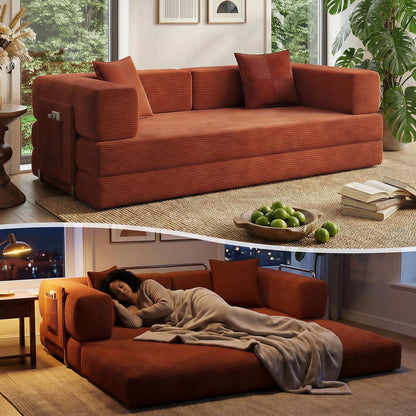 78.8" Convertible Sofa Bed with Armrest Pillow, 4-in-1 Sleeper Couch Bed for Livingroom, Modular Corduroy Boneless couches, No Assembly (Orange)