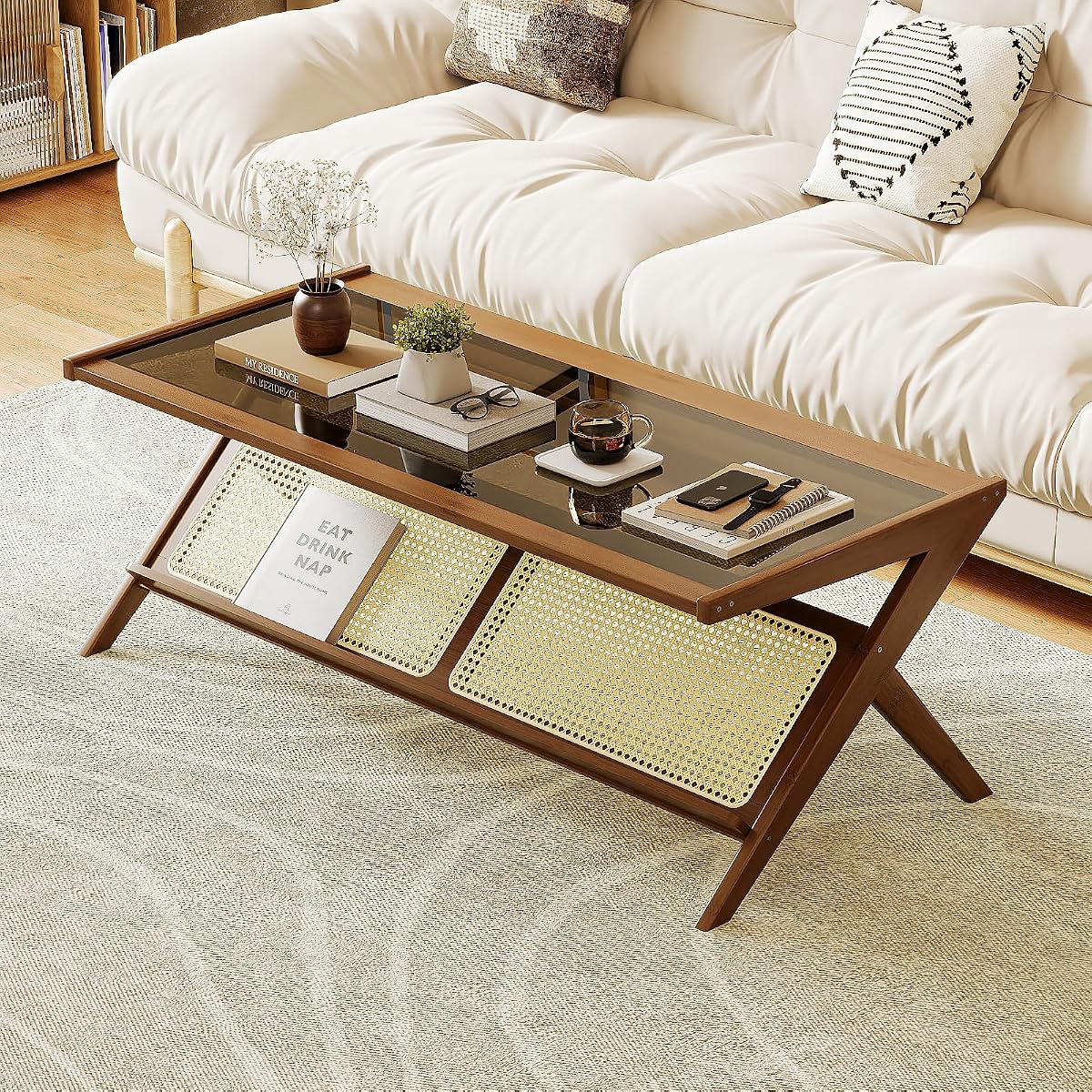 Rattan Coffee Table with Glass Top Mid-Century Modern Center Table with Storage for Living Room Table Brown