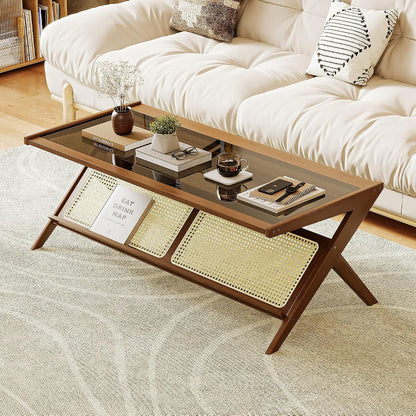 Rattan Coffee Table with Glass Top Mid-Century Modern Center Table with Storage for Living Room Table Brown