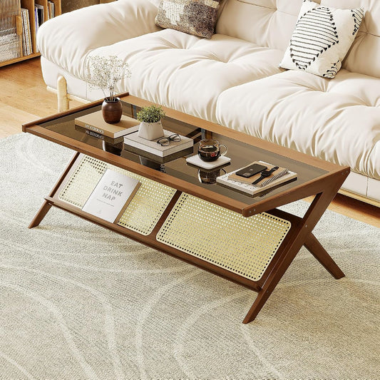 Rattan Coffee Table with Glass Top Mid-Century Modern Center Table with Storage for Living Room Table Brown