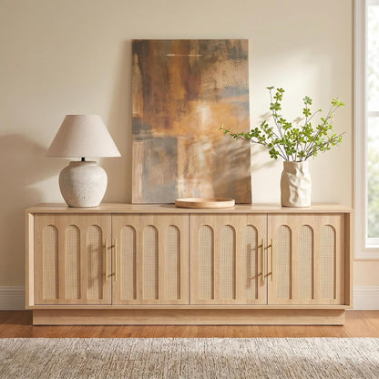 67" Arched Rattan Sideboard Buffet, 4 Door Adjustable Storage, Natural Oak