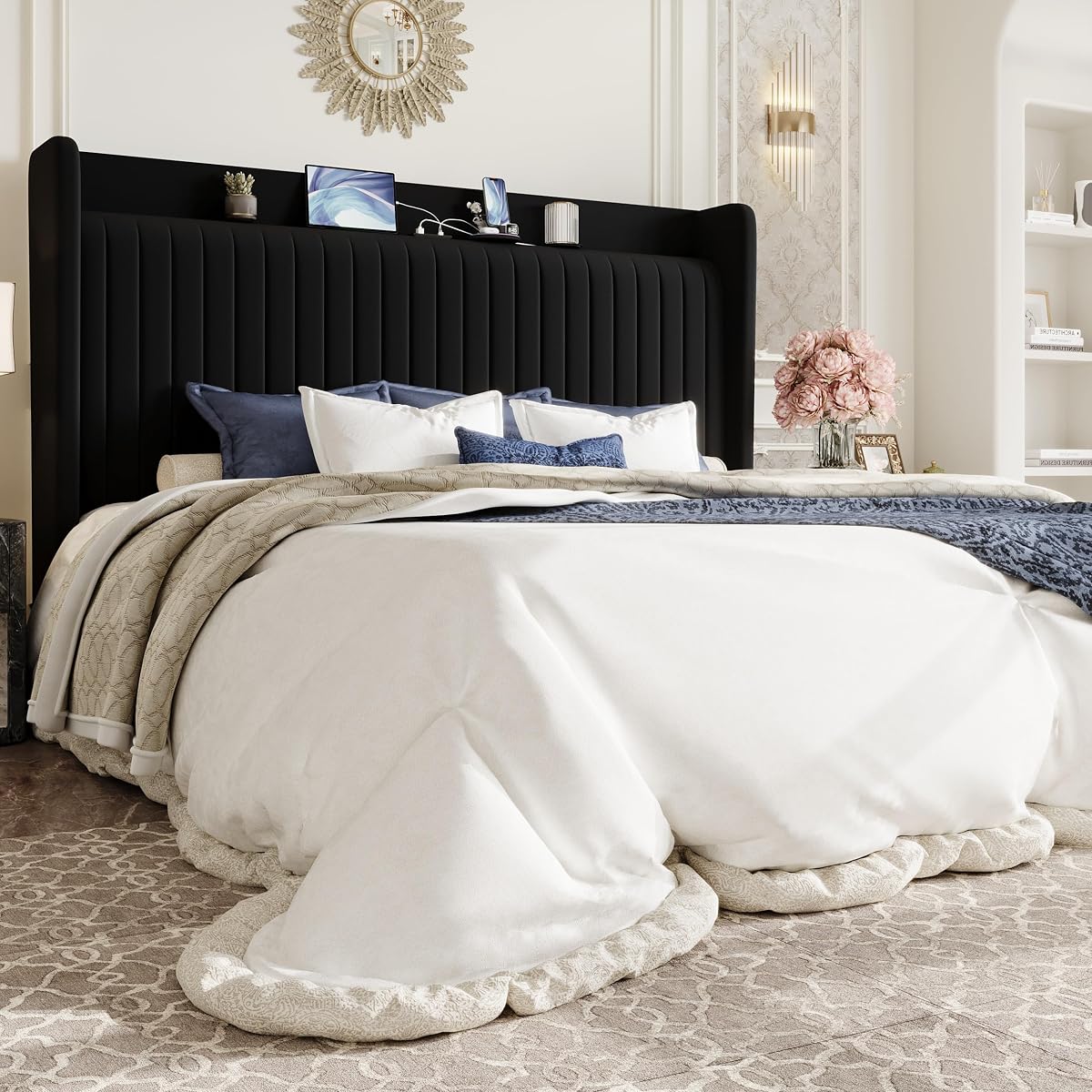 King Size Velvet Bed Frame with Shelf, Charging Station, Black