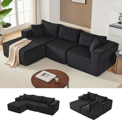 97" Boneless Couches for Living Room, Cloud Couch Sectional with Deep Seat, Comfy Couch with L-Shaped Chaise, Minimalist Upholstered Modular Sectional Sofa, No Assembly Required (Corduroy,Black)