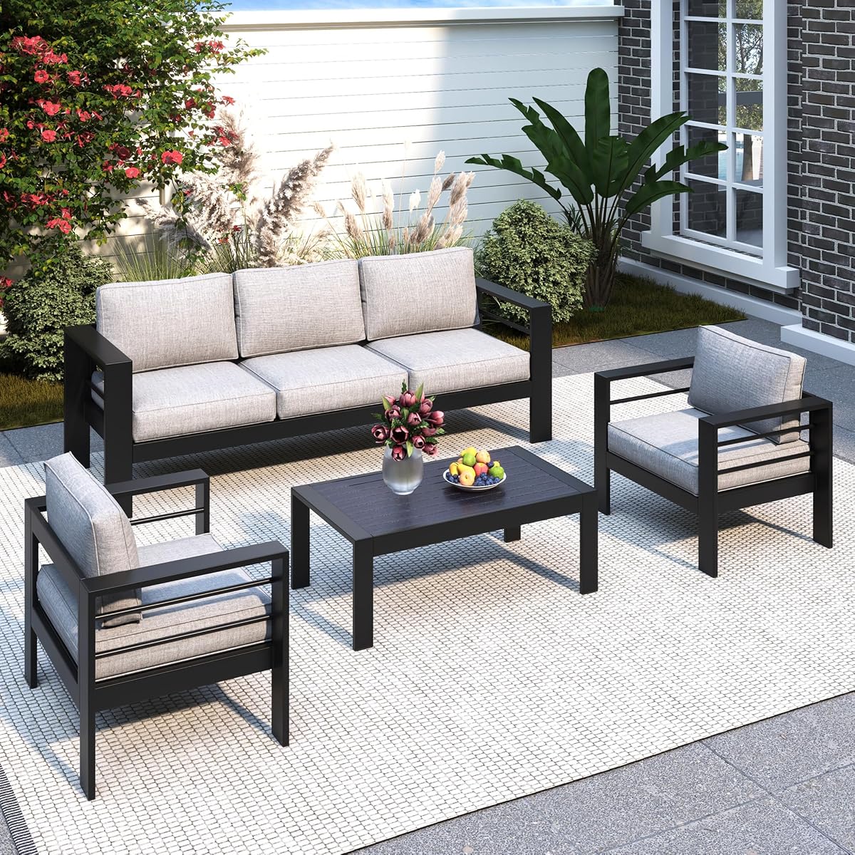 Aluminum Patio Furniture Set for All Weather, Oversized Outdoor Furniture Set with 27.5" Deep Seating and 3.2" Wide Armrest, Outdoor Patio Conversation Sets with 5" Cushion,Black and Grey