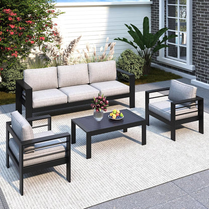 Aluminum Patio Furniture Set for All Weather, Oversized Outdoor Furniture Set with 27.5" Deep Seating and 3.2" Wide Armrest, Outdoor Patio Conversation Sets with 5" Cushion,Black and Grey