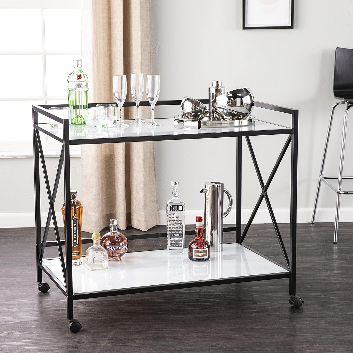Maxton Bar Cart - Transitional Design, Black Iron and Wood - Ideal for Living Room, Home Bar (HZ1221440)
