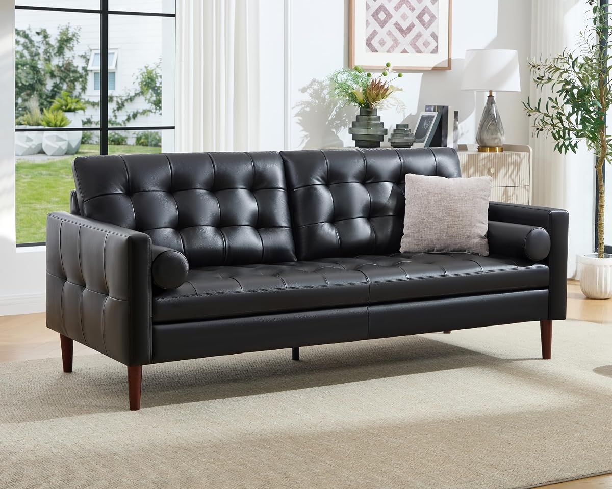 Leather Sofa, Mid Century Modern Genuine Leather Sofa, 3 Seater Comfy Couch for Living Room Home Office, Black Leather Couch