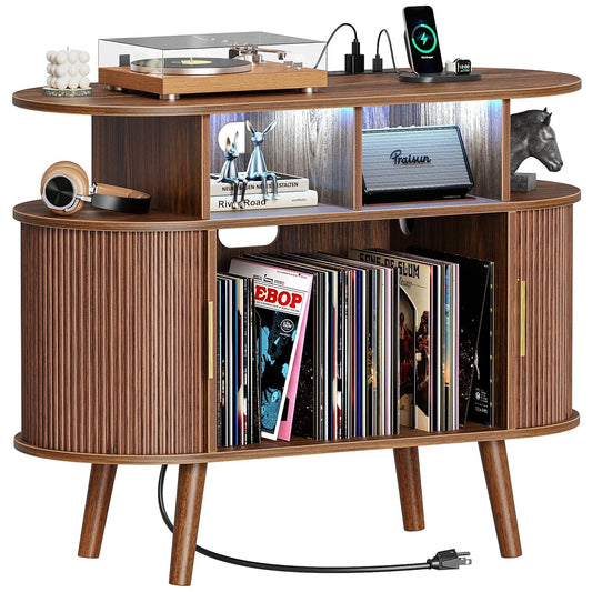 35.4 Inch Record Player Stand with Power Outlets & 3-Color Lights