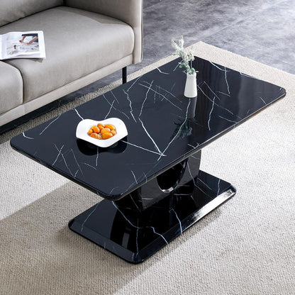 43.3 Inch Faux Marble Coffee Table, Large Modern Coffee Tables for Living Room, Rectangular Center Table Tea Table Accent Furniture, Black Marble-Looking Desktop