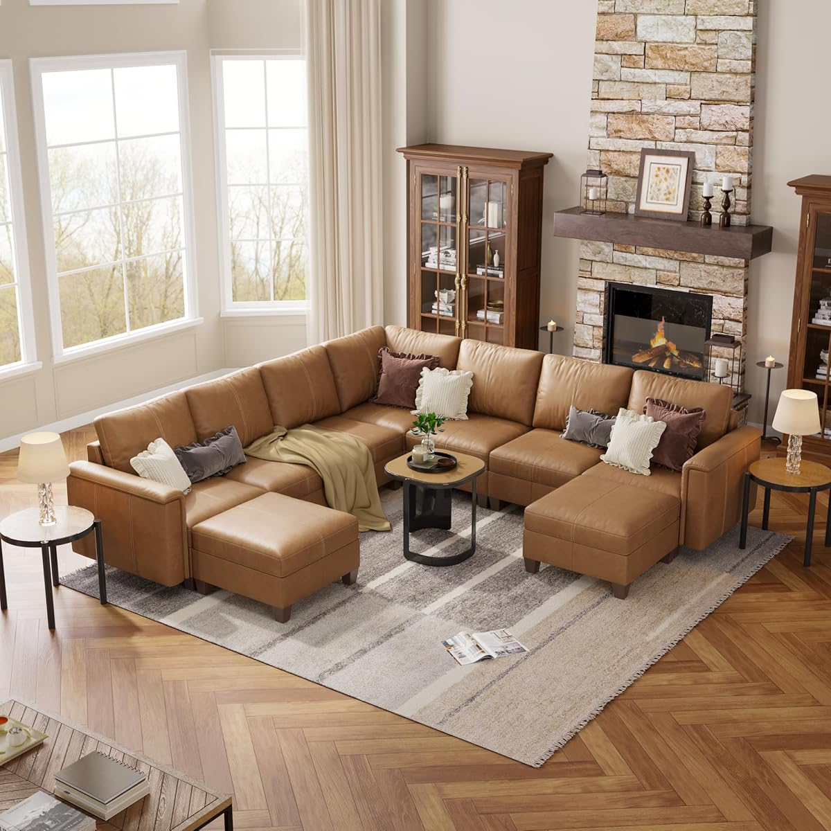Faux Leather Modular Sectional Sofa with Storage, Mid Century Modern Sectional Couches for Living Room, 113" Wide 9 Seat V Shaped Sectional Couch with Chaise, Brown