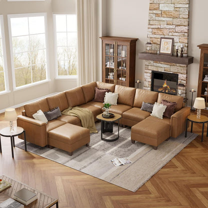 Faux Leather Modular Sectional Sofa with Storage, Mid Century Modern Sectional Couches for Living Room, 113" Wide 9 Seat V Shaped Sectional Couch with Chaise, Brown