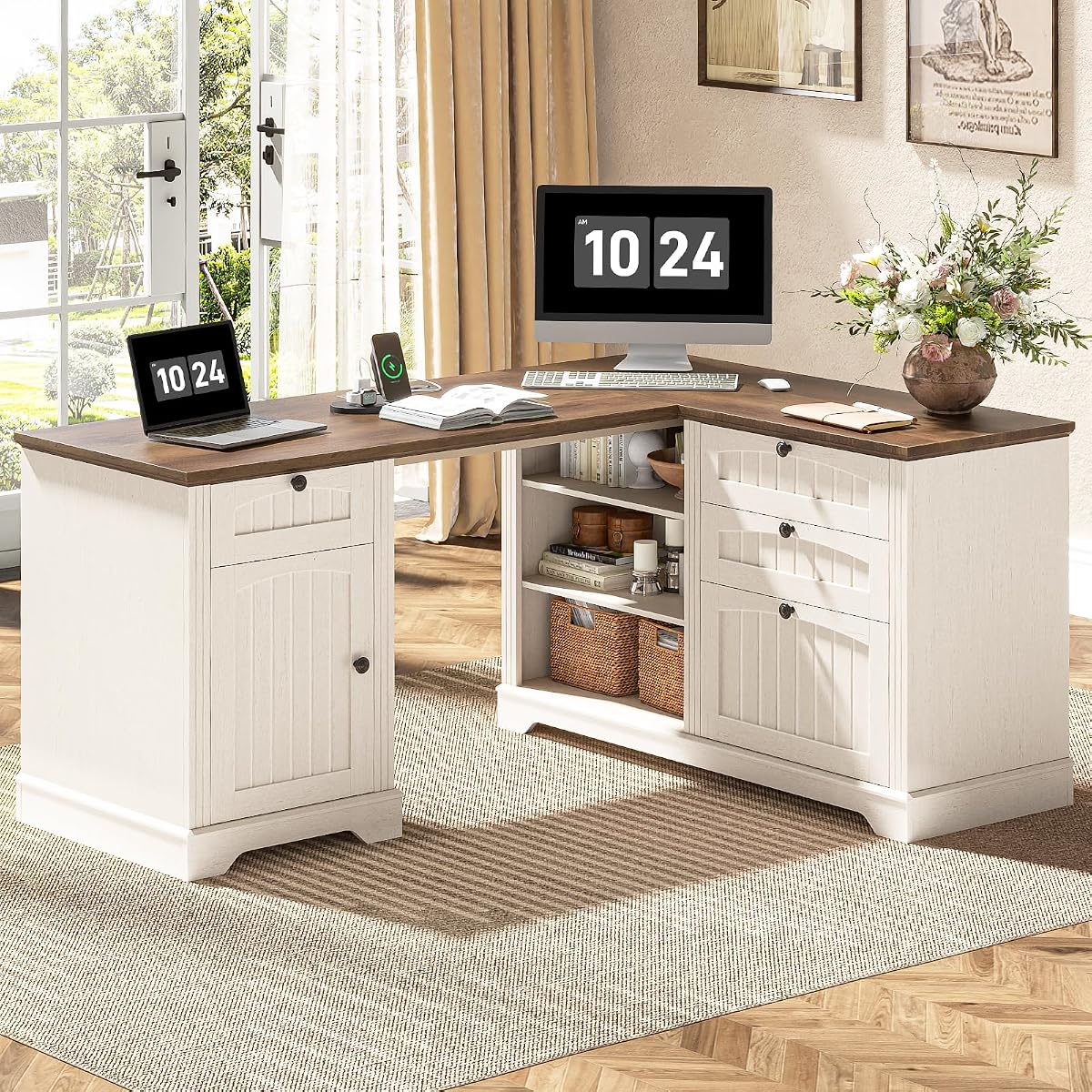Farmhouse L Shaped Desk with Drawers, Corner Computer Desk for Home Office