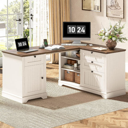 Farmhouse L Shaped Desk with Drawers, Corner Computer Desk for Home Office