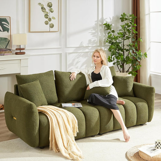 Boucle Cloud Sofa Couch, Comfy Upholstered Deep Seat Boucle Sofa, Cozy Modern 3 Seater Couch with 3 Pillows, Oversized Loveseat for Living Room Apartment Office, Olive Green