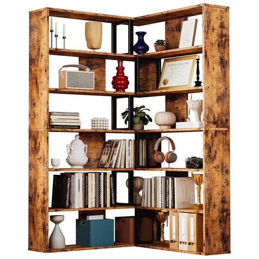 Corner Bookshelf, Bookshelves 6-Tier with Industrial Large Corner Shelf Bookcases Display Storage Shelves for Home Office, Living Room, Bed Room, Vintage Brown