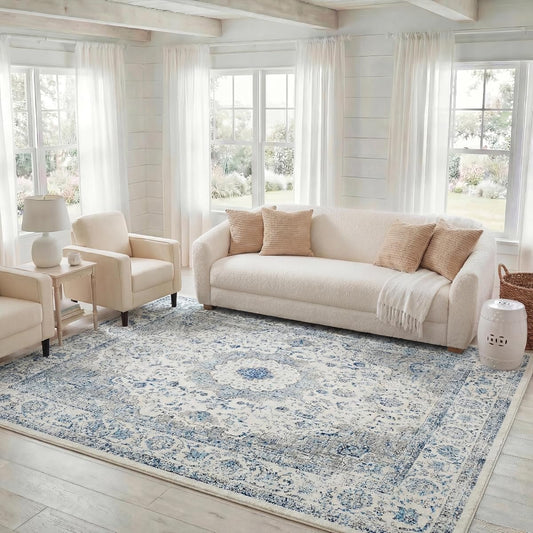 SAFAVIEH Area Rug 8x10 - Evoke Collection - Large - Ivory & Grey, Shabby Chic Oriental Medallion Design, Non-Shedding & Easy to Clean, Ideal for Living Room, Bedroom, Dining Space (EVK220D)