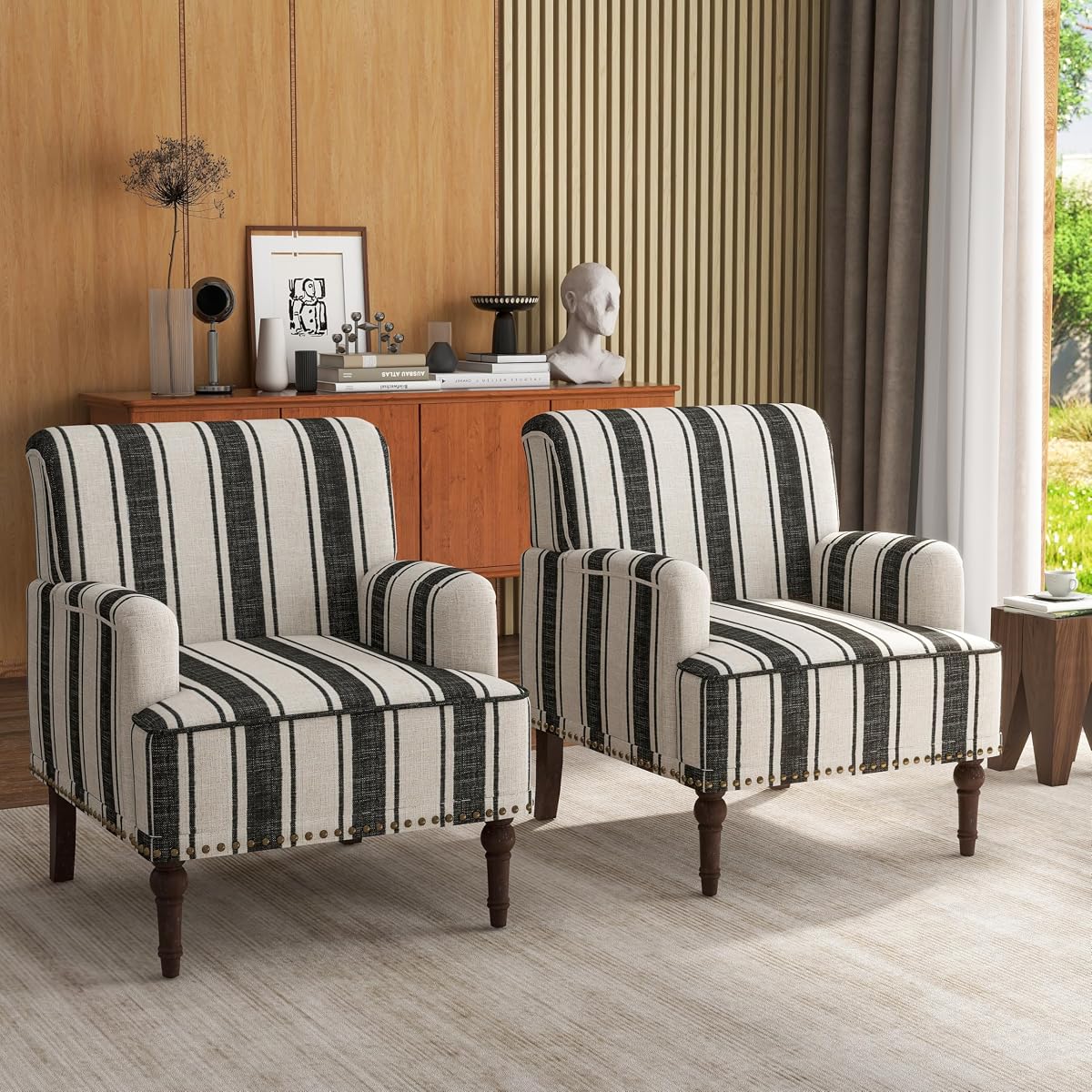 Stripe Accent Chairs Set of 2, Living Room Arm Chair Modern Nailhead Trim Club Armchair, Comfy Upholstered Sofa Lounge Seat Reading Seat Bedroom Side Seating for Home Office, Black