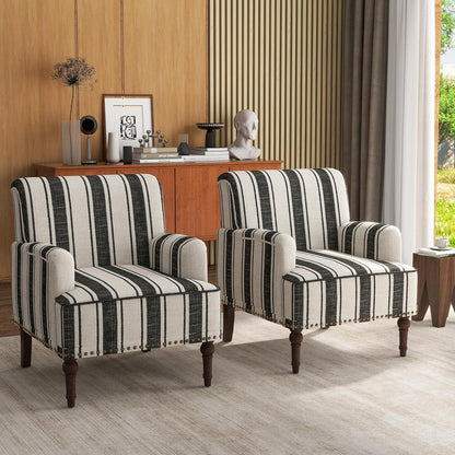 Stripe Accent Chairs Set of 2, Living Room Arm Chair Modern Nailhead Trim Club Armchair, Comfy Upholstered Sofa Lounge Seat Reading Seat Bedroom Side Seating for Home Office, Black