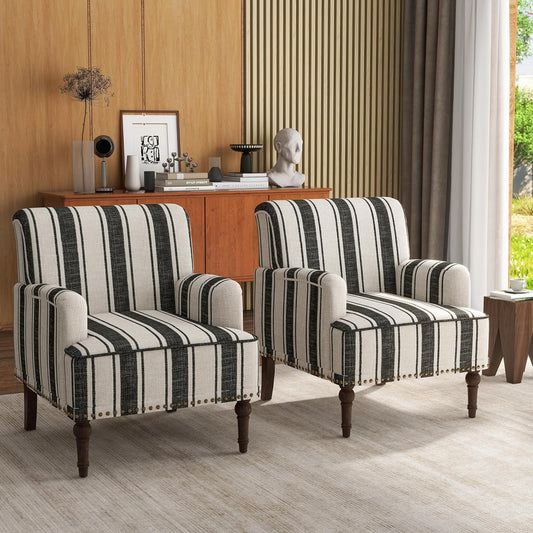 Stripe Accent Chairs Set of 2, Living Room Arm Chair Modern Nailhead Trim Club Armchair, Comfy Upholstered Sofa Lounge Seat Reading Seat Bedroom Side Seating for Home Office, Black