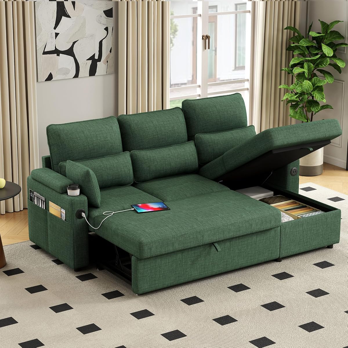 81" L-Shaped Sectional Sofa Couch, Pull-Out Sleeper Sofa Bed with Storage Chaise, Double Cup Holders, Dual USB Charging Ports, Couches for Living Room Apartment