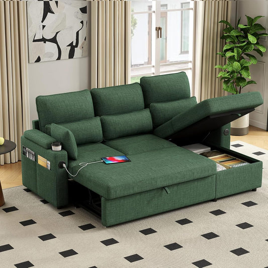 81" L-Shaped Sectional Sofa Couch, Pull-Out Sleeper Sofa Bed with Storage Chaise, Double Cup Holders, Dual USB Charging Ports, Couches for Living Room Apartment