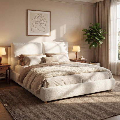 California King Boucle Platform Bed with 2 Headboard Pillows, White