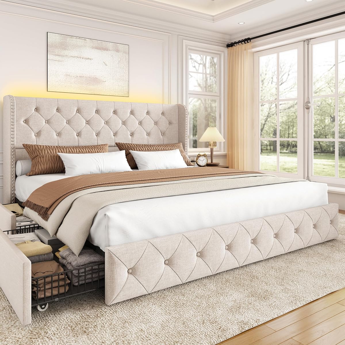 King Size Bed Frame with 4 Storage Drawers and Wingback Headboard