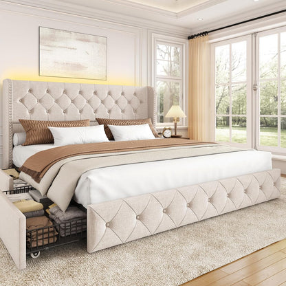 King Size Bed Frame with 4 Storage Drawers and Wingback Headboard