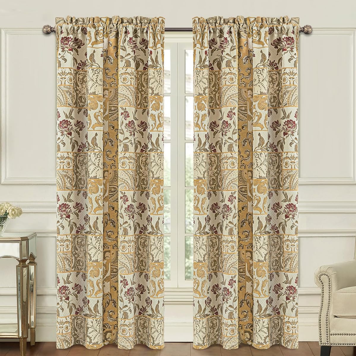 Damask Patchwork Curtains for Bedroom, Beige Yellow Lined Jacquard Curtains 2 Panels with Tiebacks, Window Curtain for Living Room Banquet Halloween Decor, Rod Pocket(52”x 84”, 2 Panels)