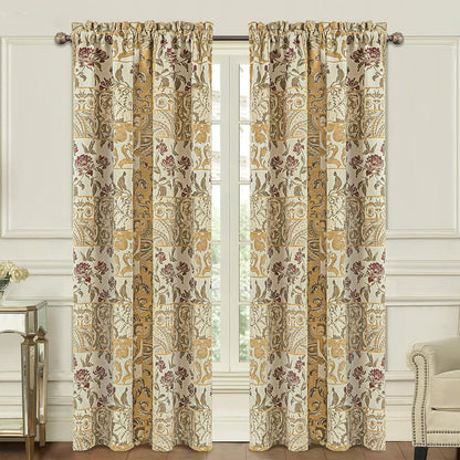 Damask Patchwork Curtains for Bedroom, Beige Yellow Lined Jacquard Curtains 2 Panels with Tiebacks, Window Curtain for Living Room Banquet Halloween Decor, Rod Pocket(52”x 84”, 2 Panels)