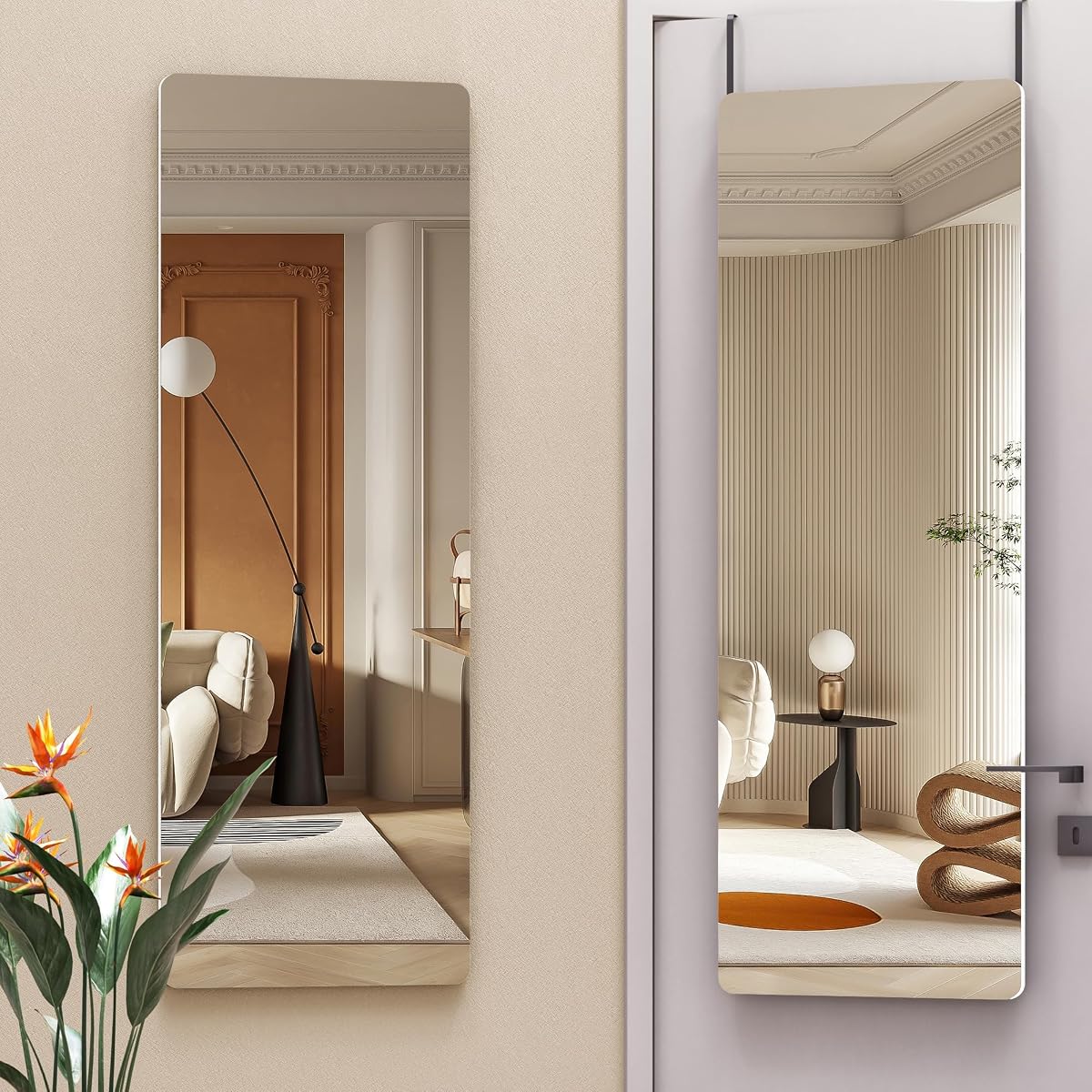 Door Mirror Full Length, 47"x 16" Full Body Over The Door Hanging Wall Mounted Mirror for Bedroom, Living Room, Cloakroom, Round White
