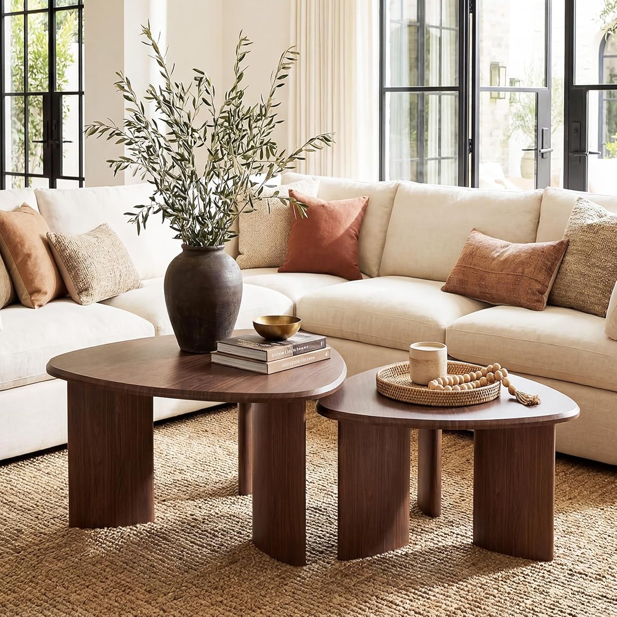 Nesting Coffee Table Set of 2, Modern Walnut Wood Veneer Coffee Table and Side Table Set for Living Room, Small End Table Set with Flexible Use and Space-Saving Design