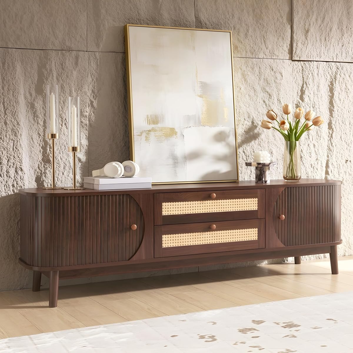 Modern Fluted TV Stand for 75" TVs, Mid-Century Entertainment Center