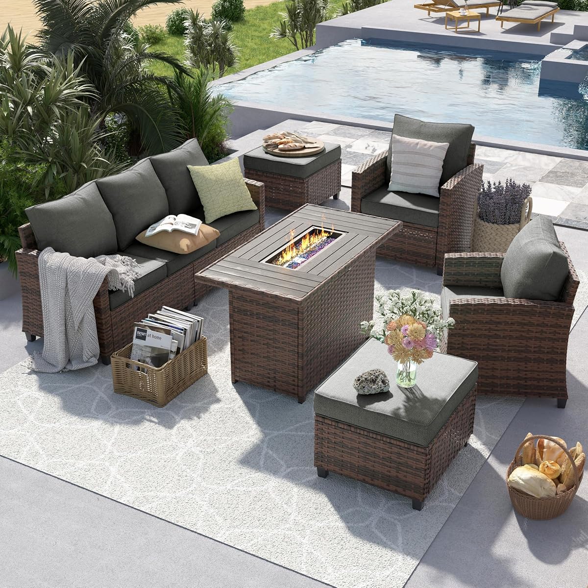 Outdoor Patio Furniture Set with 44" Fire Pit Table, 6 Pieces Sectional Conversation Sets, All-Weather Wicker Rattan Sofa Ottoman with 4" Thick Cushion for Garden Backyard Deck, Dark Grey
