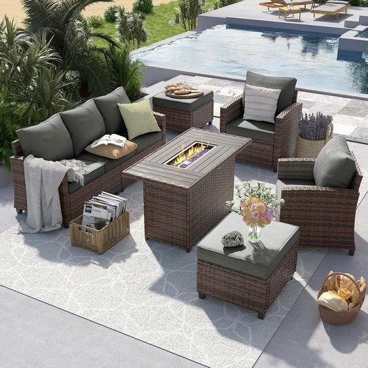 Outdoor Patio Furniture Set with 44" Fire Pit Table, 6 Pieces Sectional Conversation Sets, All-Weather Wicker Rattan Sofa Ottoman with 4" Thick Cushion for Garden Backyard Deck, Dark Grey